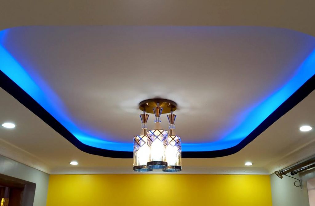 Gypsum Ceiling Design with blue strip light Dining